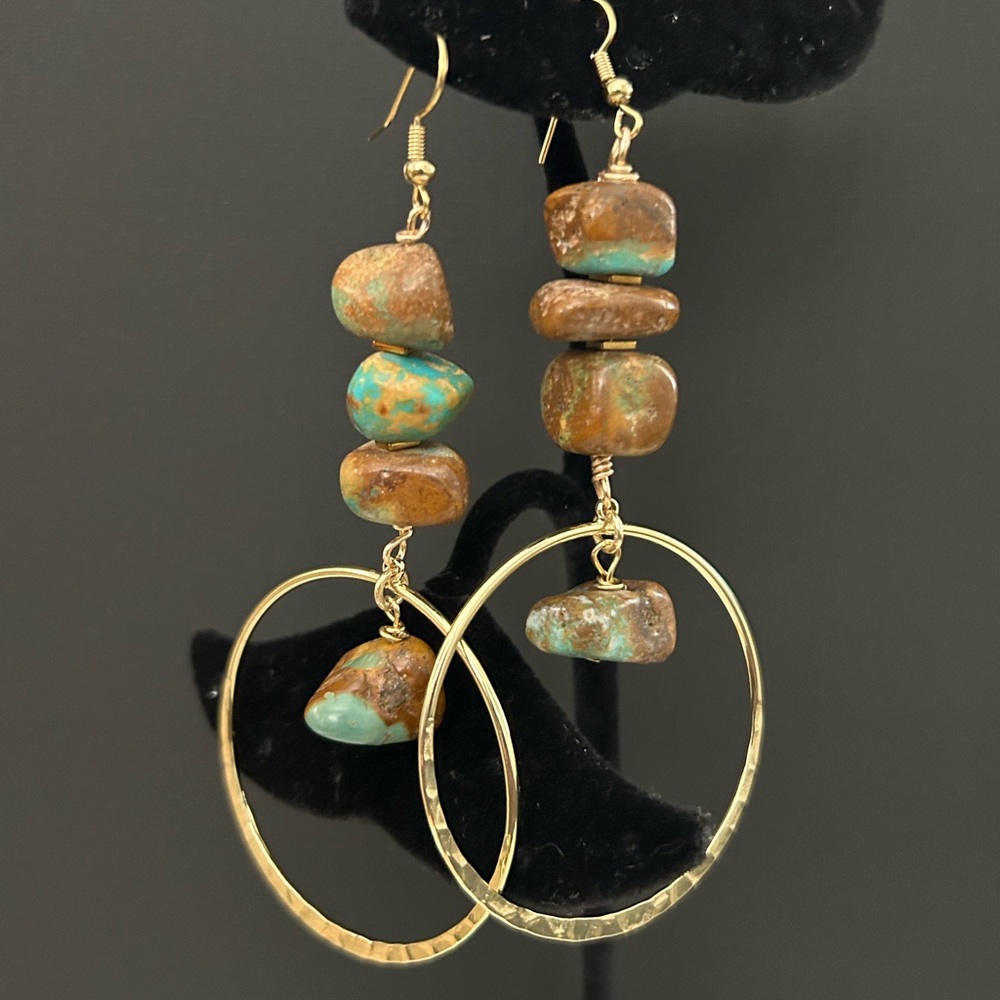 Brown turquoise gold hammered hoop earrings.